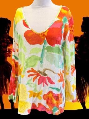 Jams World Womens Shirt Medium Multicolor Long Sleeve Top Floral Hawaii Rayon